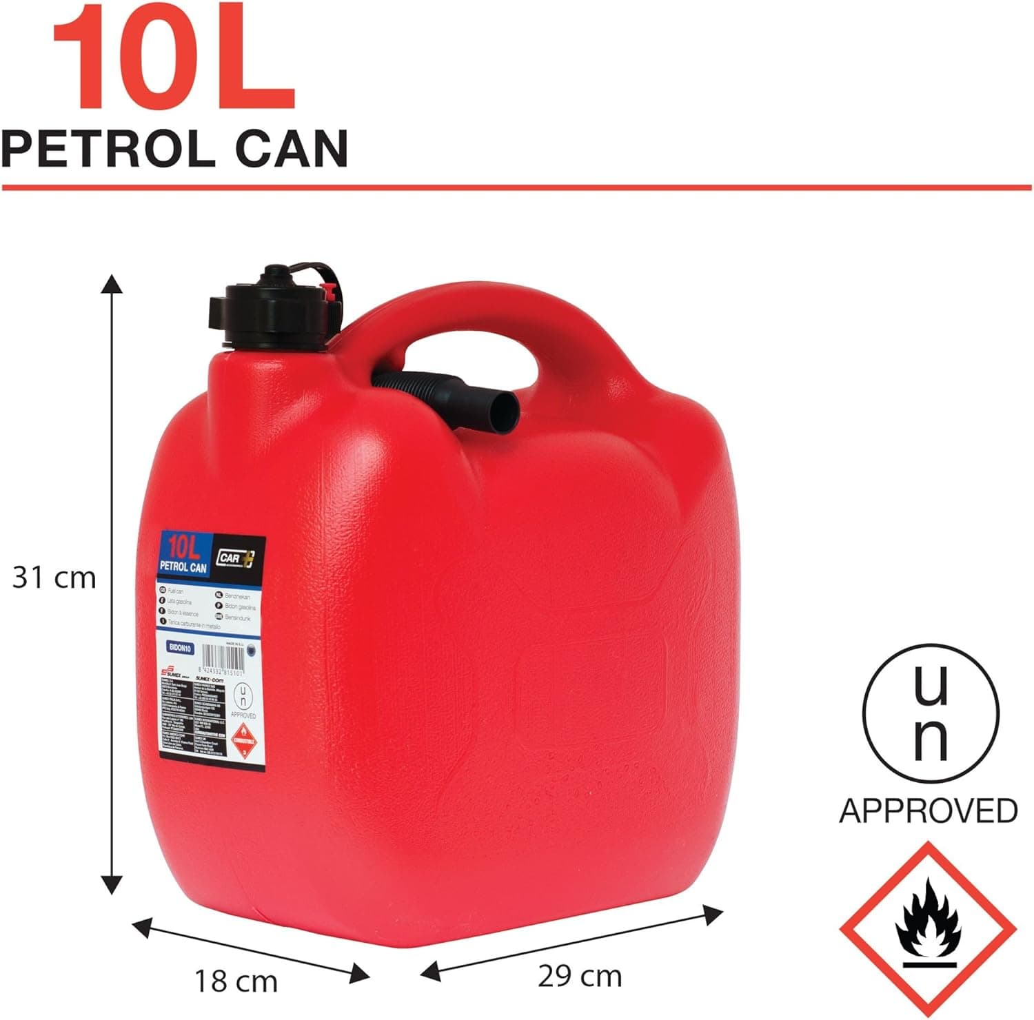 PETROL CAN 10 LIT. UN APPROVED W/FLEXIBL